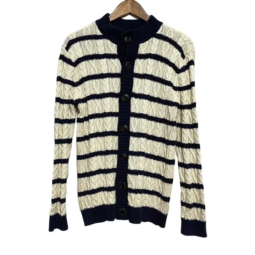 Gymboree Cardigan XL 14 Blue White Striped Cable Knit Button Front Preppy Unisex